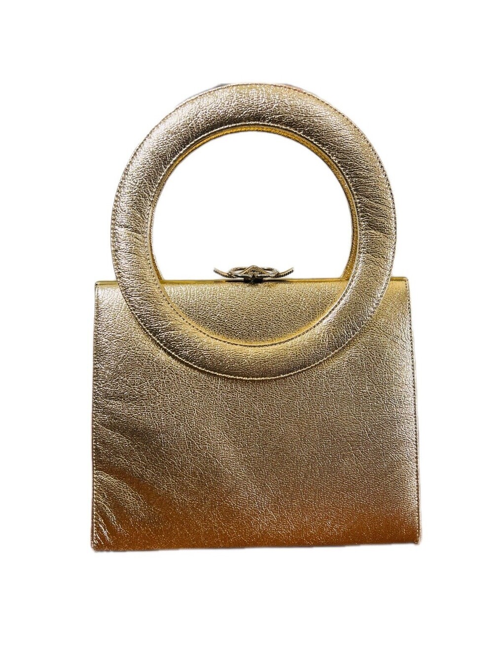 Vintage Gold Metallic Structured Handbag with Circular Handle